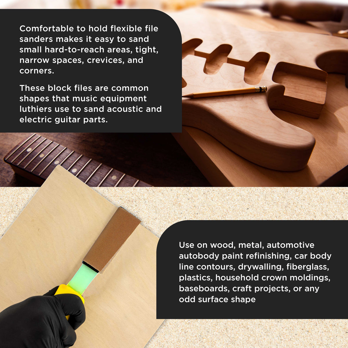 Set of 3 Different Contour Hand Sanding File Block Sticks with 40 Sheet Hook & Loop Sandpaper Kit - Flat Convex Radius Profile Shapes