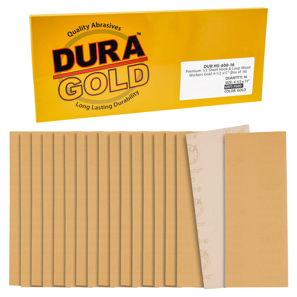 600 Grit - 1/2 Sheet Size Wood Workers Gold, 4-1/2" x 11" with Hook & Loop Backing - Box of 16 Sheets - Hand Sand Sander