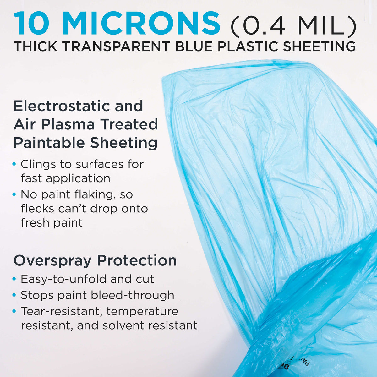 16' x 350' Pure Blue Protective Masking Film Cover - Overspray Paintable Sheeting Roll, Painters Plastic (10 Micron, .4 Mil)