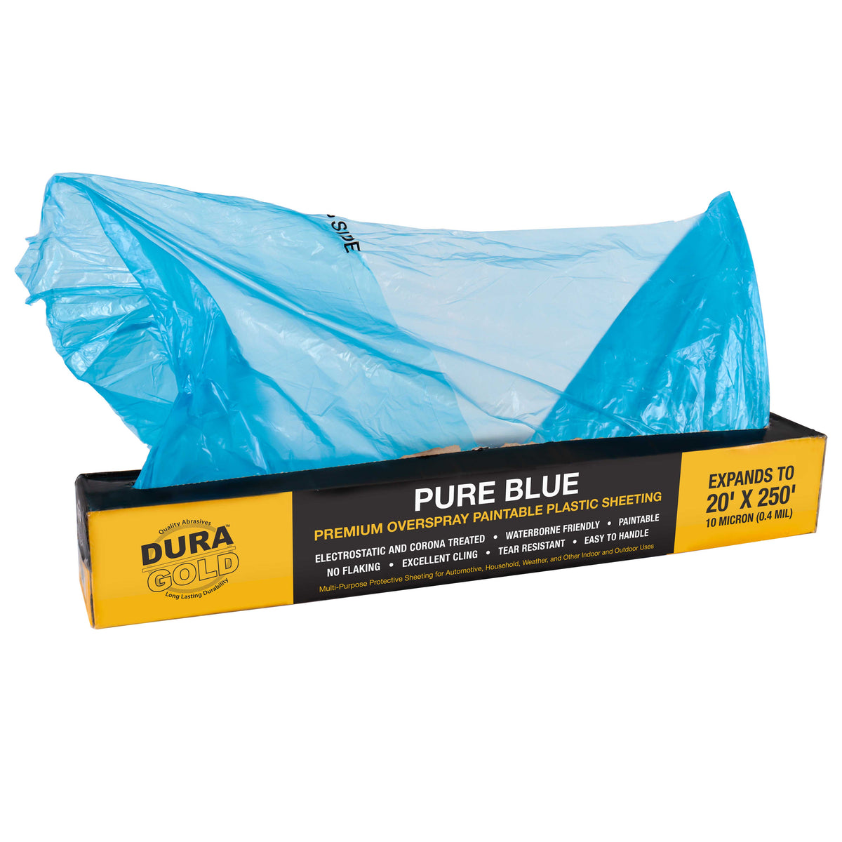 20' x 250' Pure Blue Protective Masking Film Cover - Overspray Paintable Sheeting Roll, Painters Plastic (10 Micron, .4 Mil)