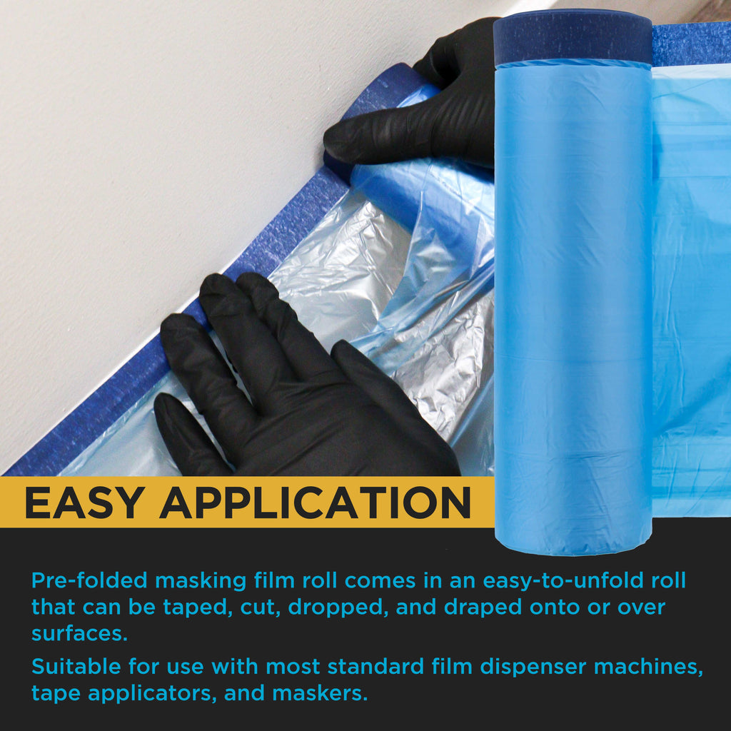 43" x 65' Pure Blue Pre-Taped Masking Film, (3 Pack) Painters Plastic Roll (0.4 Mil), Pull Down Drop Sheet, Pre-Taped Plastic Sheeting
