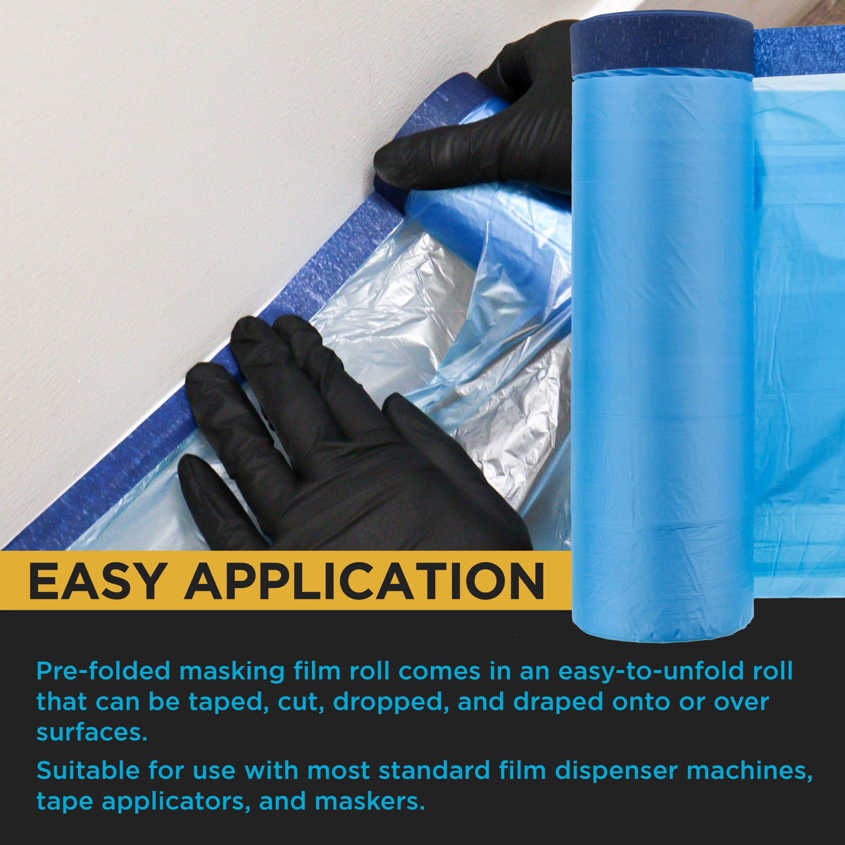 43" x 65' Pure Blue Pre-Taped Masking Film, (3 Pack) Painters Plastic Roll (0.4 Mil), Pull Down Drop Sheet, Pre-Taped Plastic Sheeting