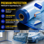 43" x 65' Pure Blue Pre-Taped Masking Film - Painters Plastic Roll (0.4 Mil) Pull Down Drop Sheet, Pre-Taped Plastic Sheeting