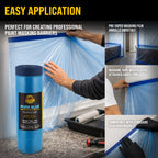 43" x 65' Pure Blue Pre-Taped Masking Film - Painters Plastic Roll (0.4 Mil) Pull Down Drop Sheet, Pre-Taped Plastic Sheeting