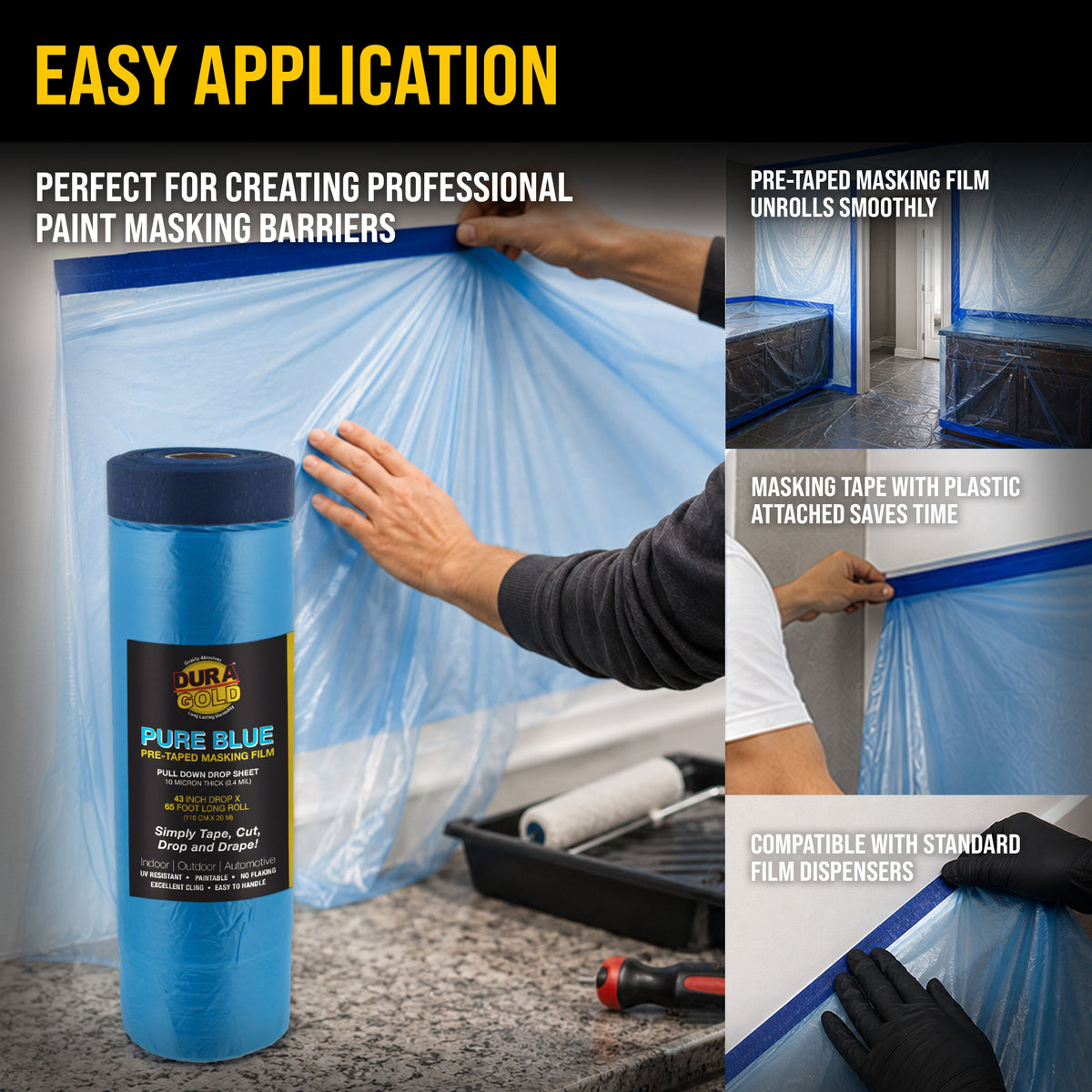 43" x 65' Pure Blue Pre-Taped Masking Film - Painters Plastic Roll (0.4 Mil) Pull Down Drop Sheet, Pre-Taped Plastic Sheeting