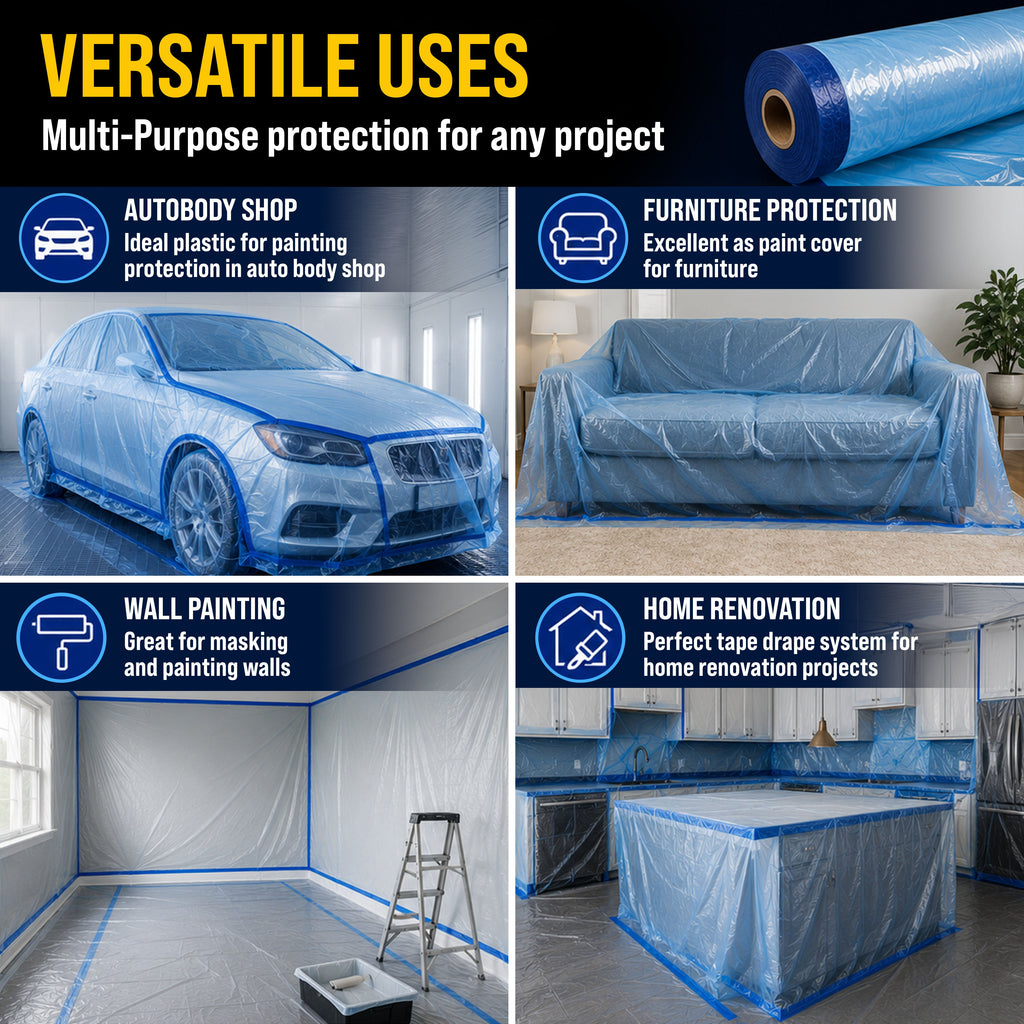 43" x 65' Pure Blue Pre-Taped Masking Film - Painters Plastic Roll (0.4 Mil) Pull Down Drop Sheet, Pre-Taped Plastic Sheeting