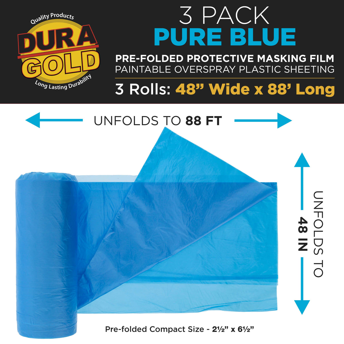 48" x 88' Pure Blue Pre-Folded Masking Film, (3 Pack) Painters Plastic Roll (0.4 Mil), Pull Down Drop Sheet, Pre-Folded Plastic Sheeting