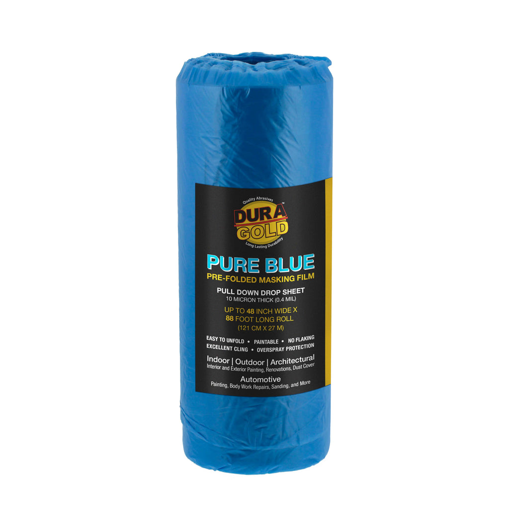48" x 88' Pure Blue Pre-Folded Masking Film - Painters Plastic Roll (0.4 Mil) Pull Down Drop Sheet, Pre-Folded Plastic Sheeting