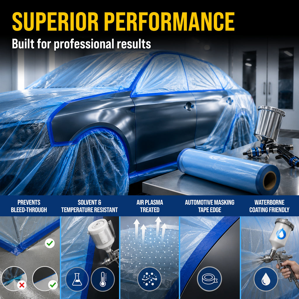71" x 65' Pure Blue Pre-Taped Masking Film - Painters Plastic Roll (0.4 Mil) Pull Down Drop Sheet, Pre-Taped Plastic Sheeting