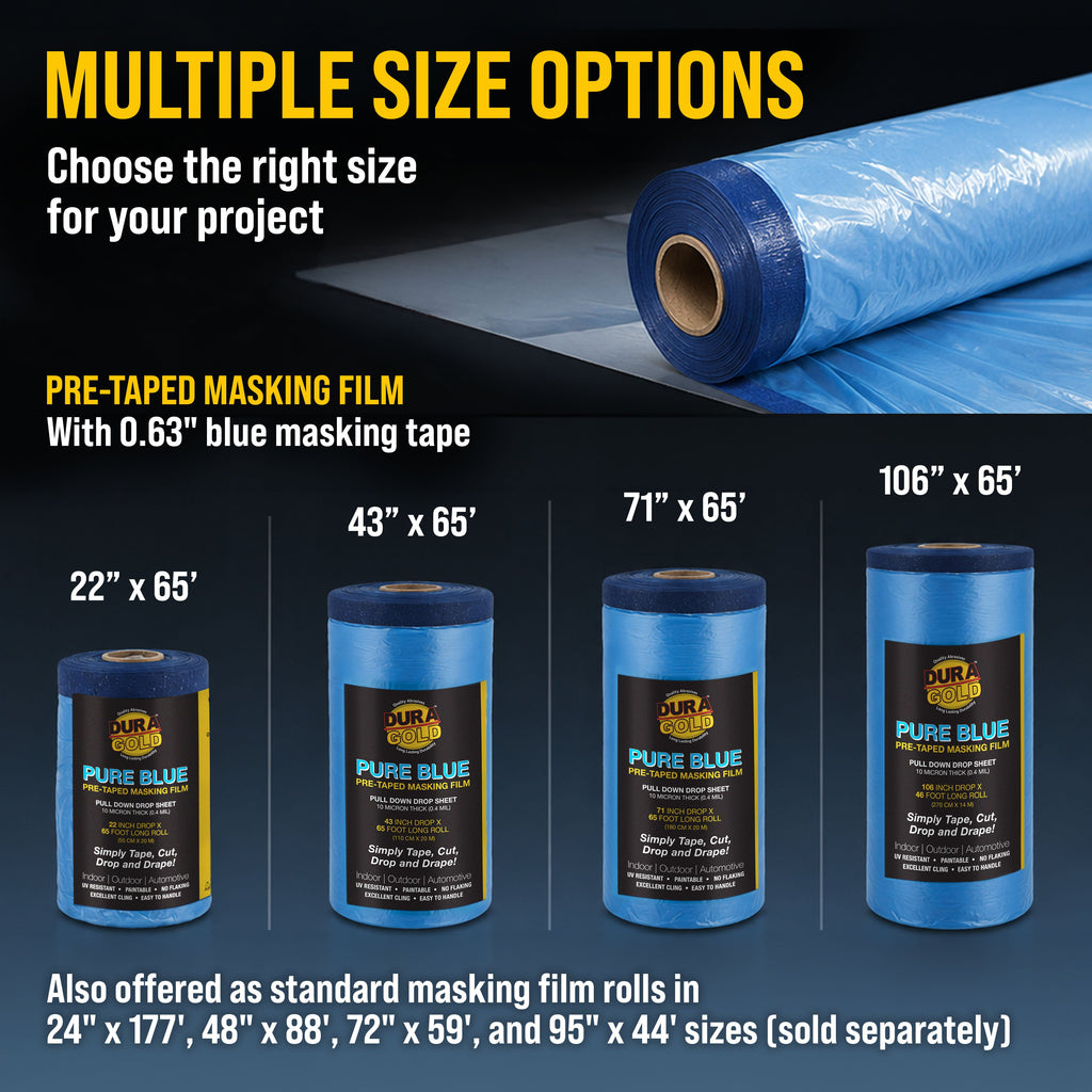 71" x 65' Pure Blue Pre-Taped Masking Film - Painters Plastic Roll (0.4 Mil) Pull Down Drop Sheet, Pre-Taped Plastic Sheeting