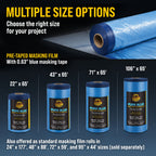 71" x 65' Pure Blue Pre-Taped Masking Film - Painters Plastic Roll (0.4 Mil) Pull Down Drop Sheet, Pre-Taped Plastic Sheeting