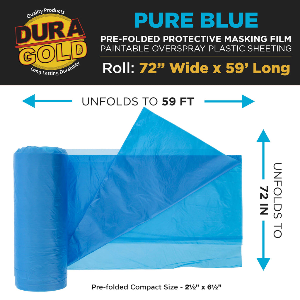 72" x 59' Pure Blue Pre-Folded Masking Film - Painters Plastic Roll (0.4 Mil) Pull Down Drop Sheet, Pre-Folded Plastic Sheeting
