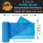 95" x 44' Pure Blue Pre-Folded Masking Film, (3 Pack) Painters Plastic Roll (0.4 Mil), Pull Down Drop Sheet, Pre-Folded Plastic Sheeting
