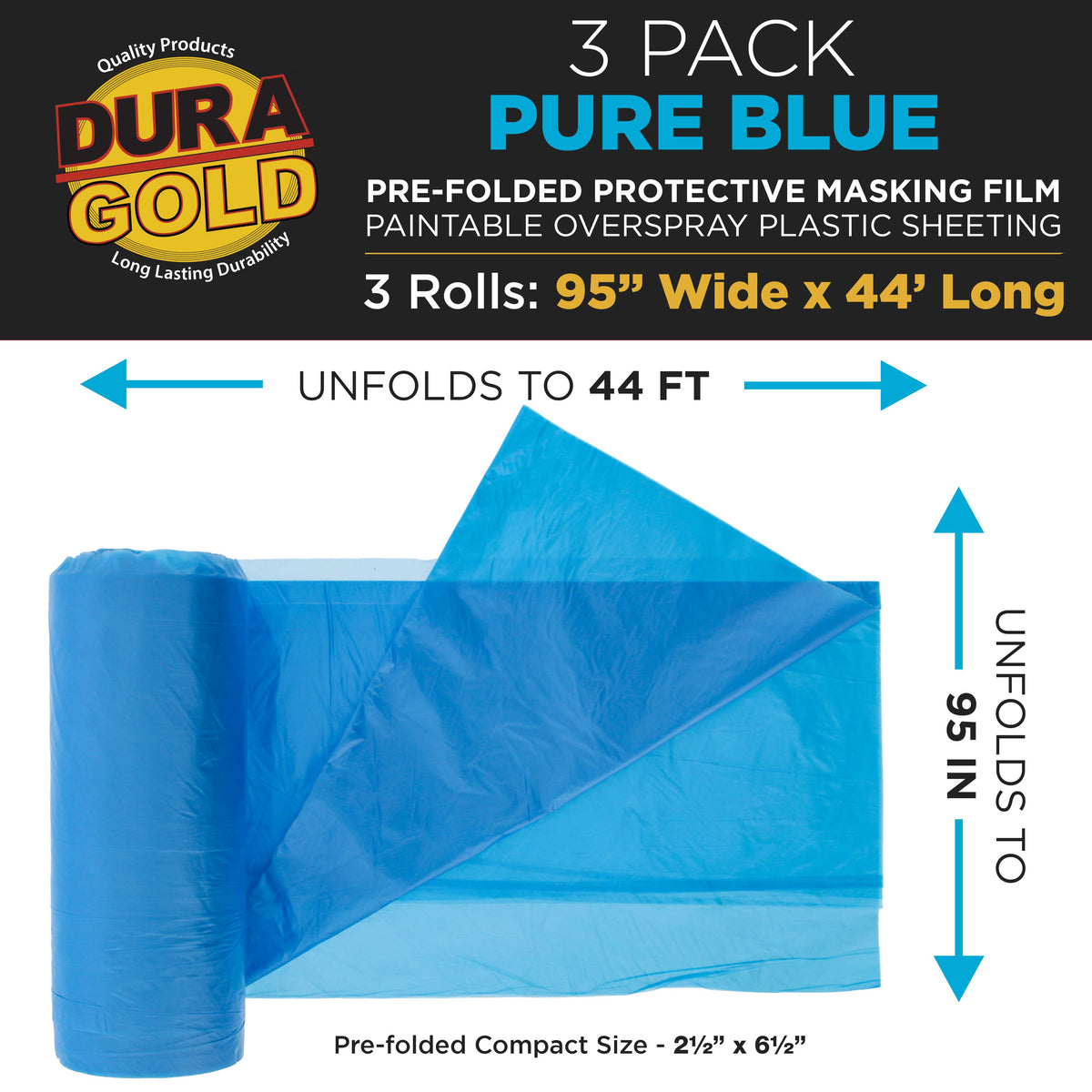 95" x 44' Pure Blue Pre-Folded Masking Film, (3 Pack) Painters Plastic Roll (0.4 Mil), Pull Down Drop Sheet, Pre-Folded Plastic Sheeting