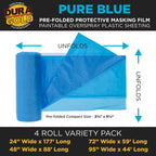 Pure Blue Pre-Folded Masking Film, (4 Pack of 24", 48", 72", 95") Painters Plastic Roll, Pull Down Drop Sheet, Pre-Folded Plastic Sheeting