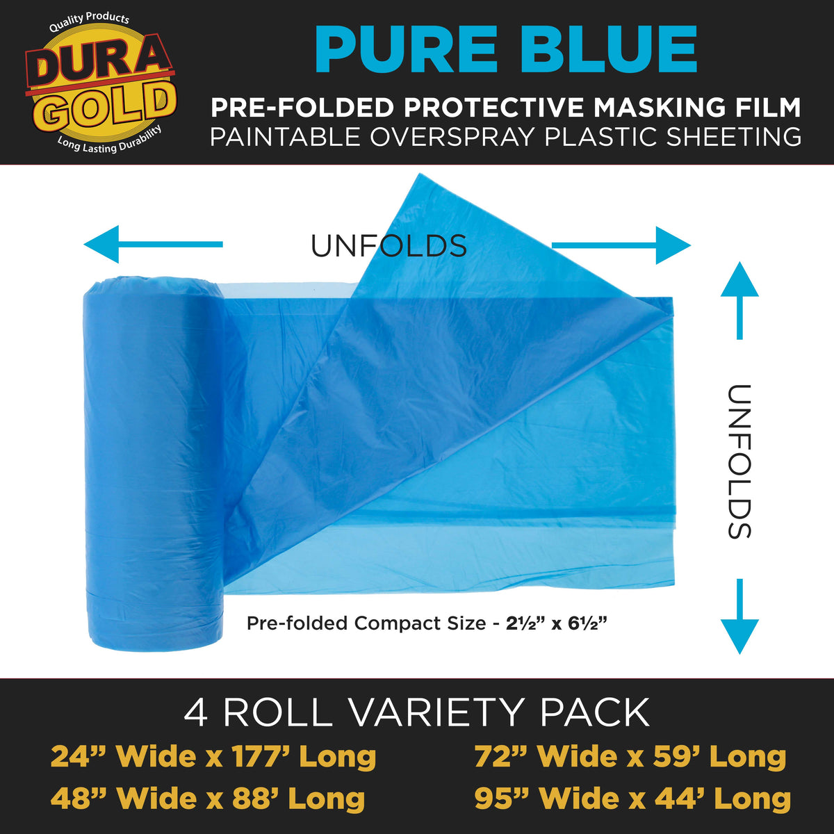 Pure Blue Pre-Folded Masking Film, (4 Pack of 24", 48", 72", 95") Painters Plastic Roll, Pull Down Drop Sheet, Pre-Folded Plastic Sheeting