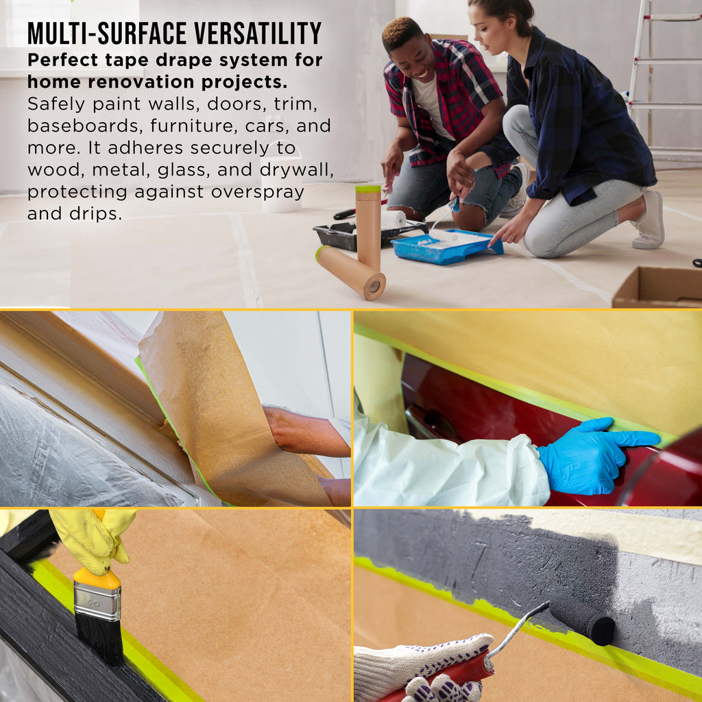 Pre-Taped Masking Paper for Painting (18" x 50', 2 Rolls) - Tape and Drape Painters Paper, Protective Covering, Overspray Barrier