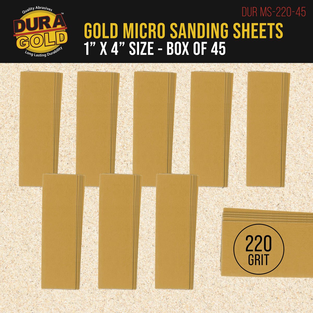 Premium 1" x 4" Gold Sandpaper Micro Sheets, 220 Grit (Box of 45) - Hook & Loop Backing, Wood Furniture Woodworking - Hand Micro Sanding Blocks