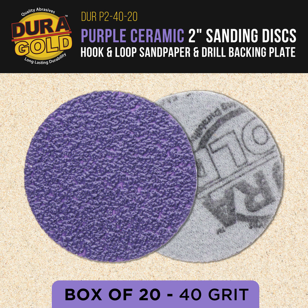 Premium 40 Grit 2" Purple Film Ceramic Sanding Discs, Box of 20 - Hook & Loop Backing Sandpaper for DA Sander, Drill, Grinder, Rotary Tool