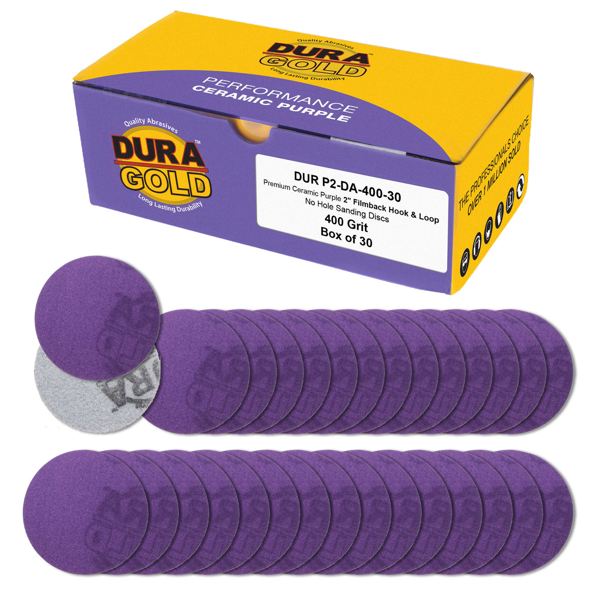 Premium 400 Grit 2" Purple Film Ceramic Sanding Discs, Box of 30 - Hook & Loop Backing Sandpaper for DA Sander, Drill, Grinder, Rotary Tool