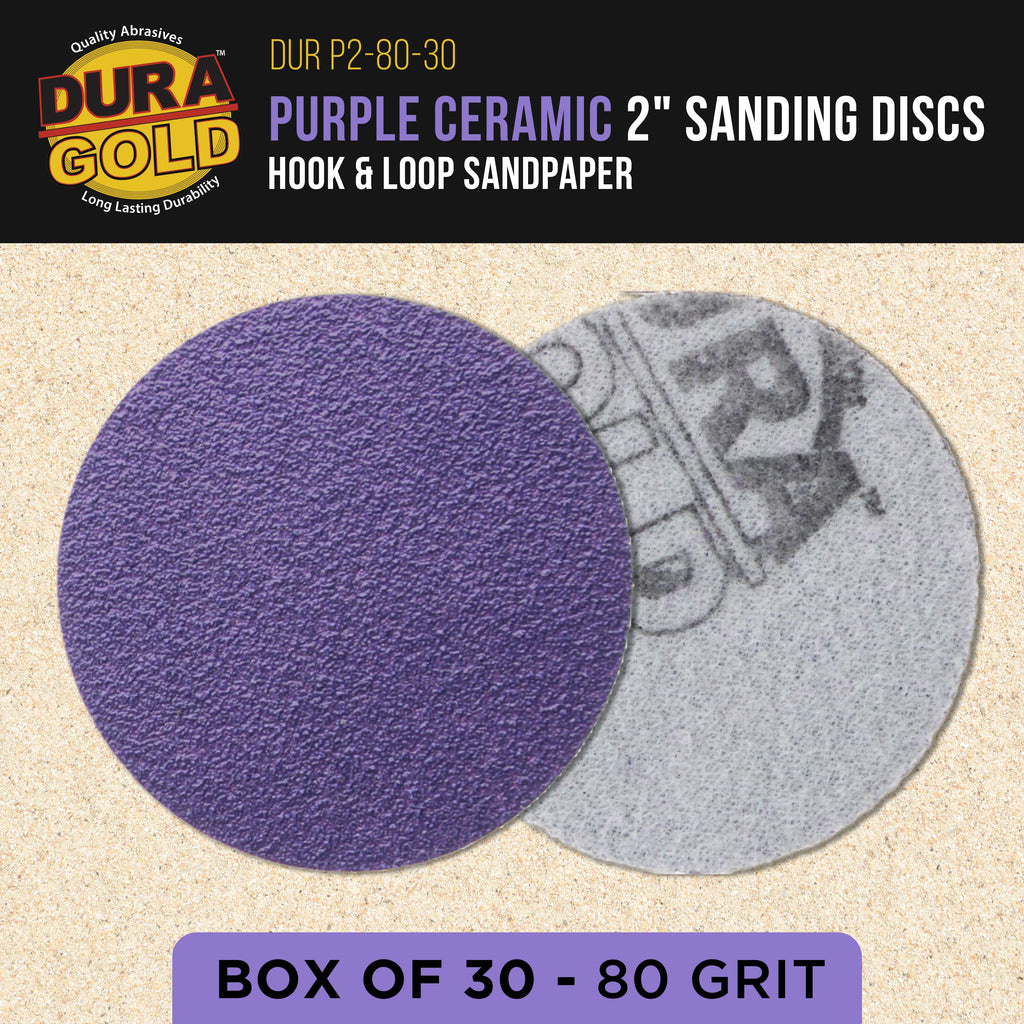 Premium 80 Grit 2" Purple Film Ceramic Sanding Discs, Box of 30 - Hook & Loop Backing Sandpaper for DA Sander, Drill, Grinder, Rotary Tool