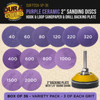 Premium 2" Purple Film Ceramic Sanding Discs, 36 Disc Variety Pack, Grits 40, 60, 80, 120, 220, 320, 400, 600, 800, 1000, 1500, 2000 - Hook & Loop Sandpaper & Drill Backing Plate