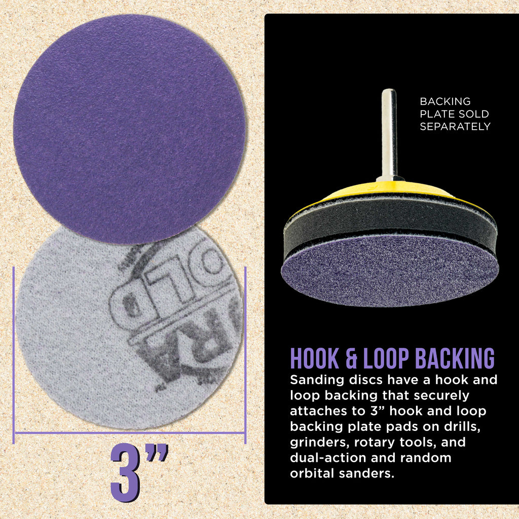 Premium 100 Grit 3" Purple Film Ceramic Sanding Discs, Box of 30 - Hook & Loop Backing Sandpaper for DA Sander, Drill, Grinder, Rotary Tool