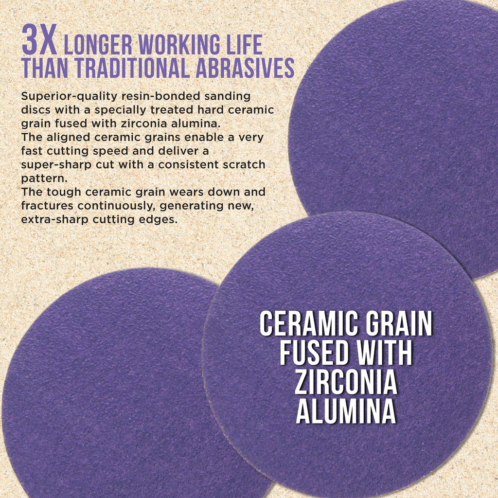 Premium 100 Grit 3" Purple Film Ceramic Sanding Discs, Box of 30 - Hook & Loop Backing Sandpaper for DA Sander, Drill, Grinder, Rotary Tool