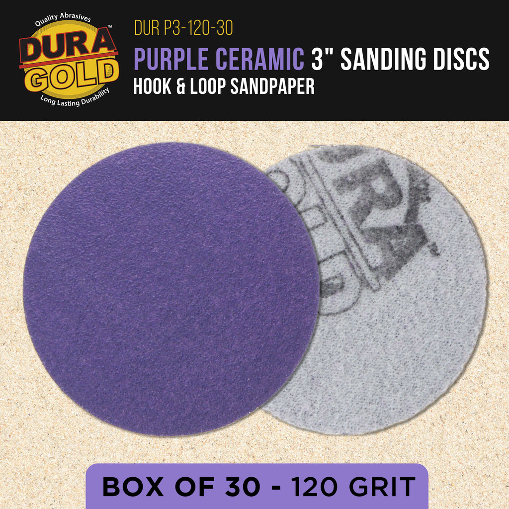 Premium 120 Grit 3" Purple Film Ceramic Sanding Discs, Box of 30 - Hook & Loop Backing Sandpaper for DA Sander, Drill, Grinder, Rotary Tool