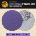 Premium 120 Grit 3" Purple Film Ceramic Sanding Discs, Box of 30 - Hook & Loop Backing Sandpaper for DA Sander, Drill, Grinder, Rotary Tool