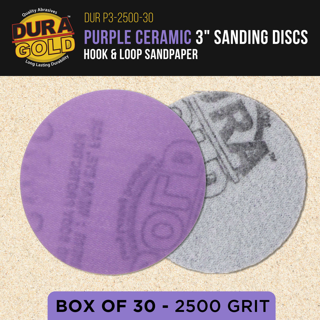 Premium 2500 Grit 3" Purple Film Ceramic Sanding Discs, Box of 30 - Hook & Loop Backing Sandpaper for DA Sander, Drill, Grinder, Rotary Tool