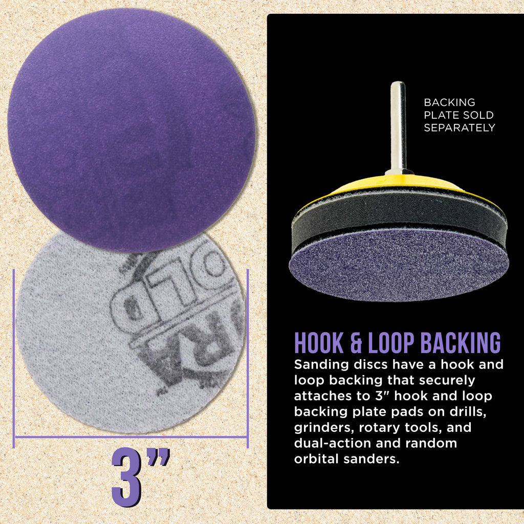 Premium 320 Grit 3" Purple Film Ceramic Sanding Discs, Box of 30 - Hook & Loop Backing Sandpaper for DA Sander, Drill, Grinder, Rotary Tool