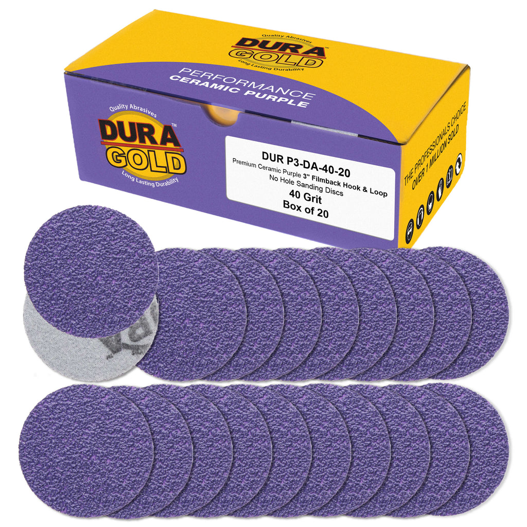 Premium 40 Grit 3" Purple Film Ceramic Sanding Discs, Box of 20 - Hook & Loop Backing Sandpaper for DA Sander, Drill, Grinder, Rotary Tool