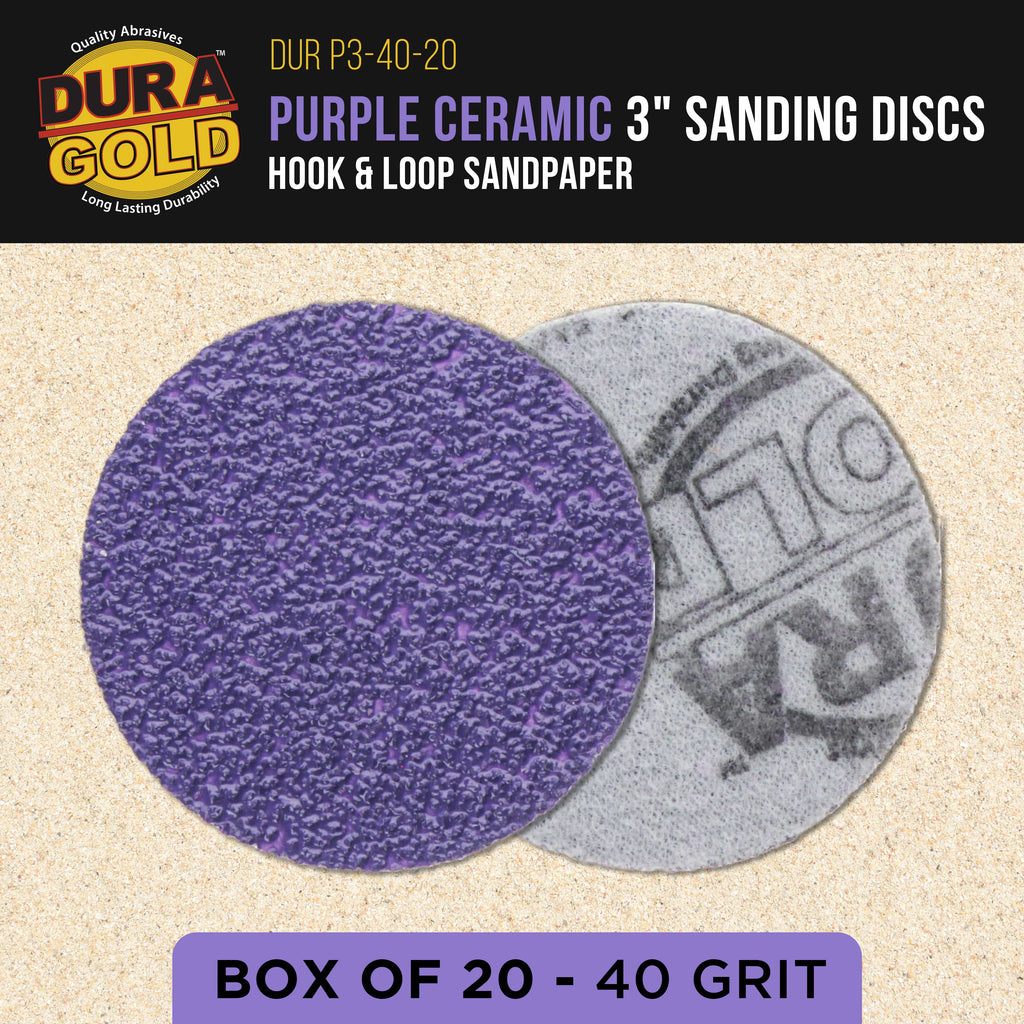 Premium 40 Grit 3" Purple Film Ceramic Sanding Discs, Box of 20 - Hook & Loop Backing Sandpaper for DA Sander, Drill, Grinder, Rotary Tool