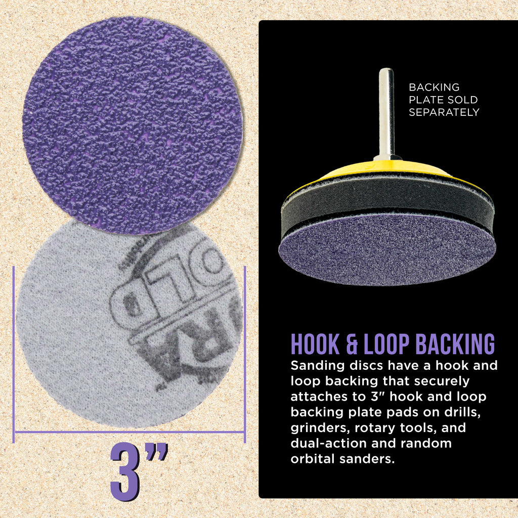 Premium 40 Grit 3" Purple Film Ceramic Sanding Discs, Box of 20 - Hook & Loop Backing Sandpaper for DA Sander, Drill, Grinder, Rotary Tool