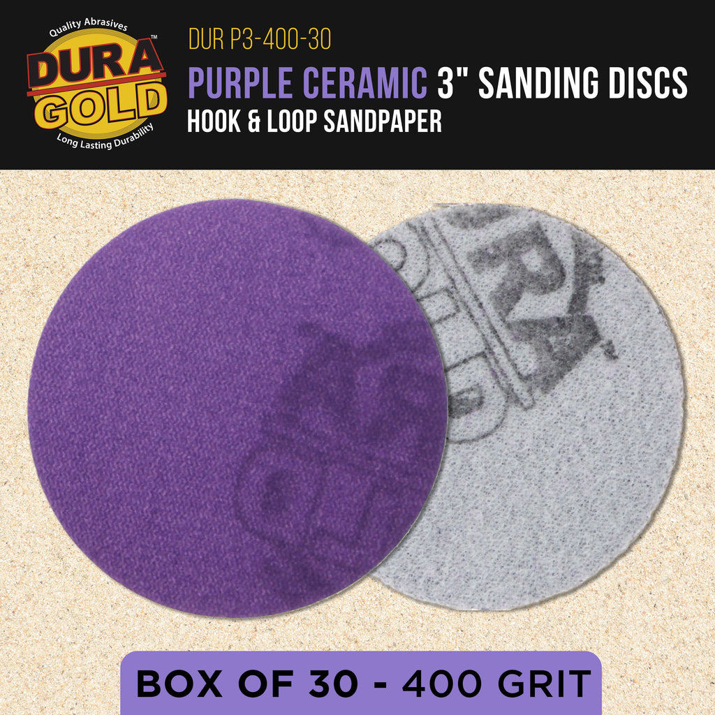 Premium 400 Grit 3" Purple Film Ceramic Sanding Discs, Box of 30 - Hook & Loop Backing Sandpaper for DA Sander, Drill, Grinder, Rotary Tool
