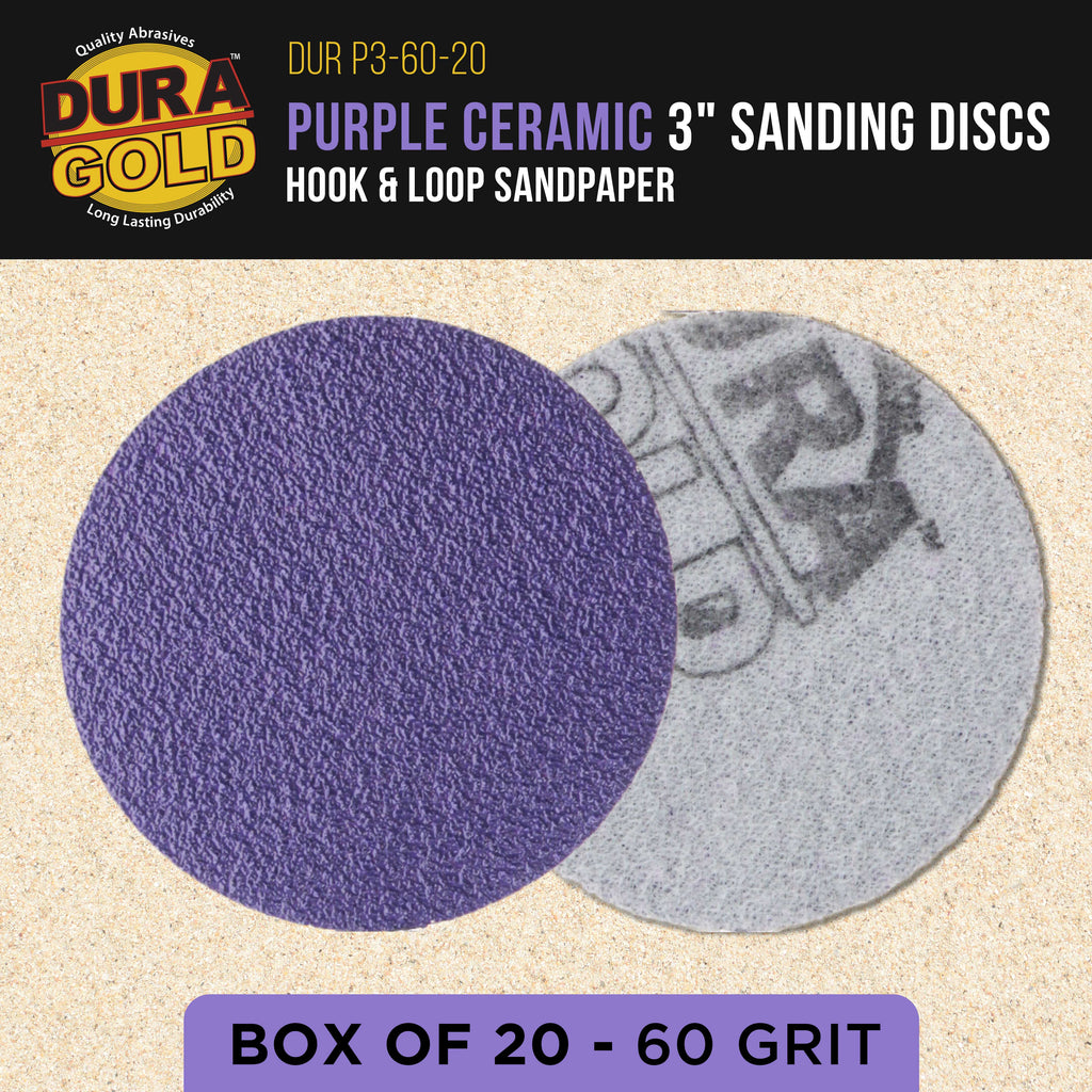 Premium 60 Grit 3" Purple Film Ceramic Sanding Discs, Box of 20 - Hook & Loop Backing Sandpaper for DA Sander, Drill, Grinder, Rotary Tool