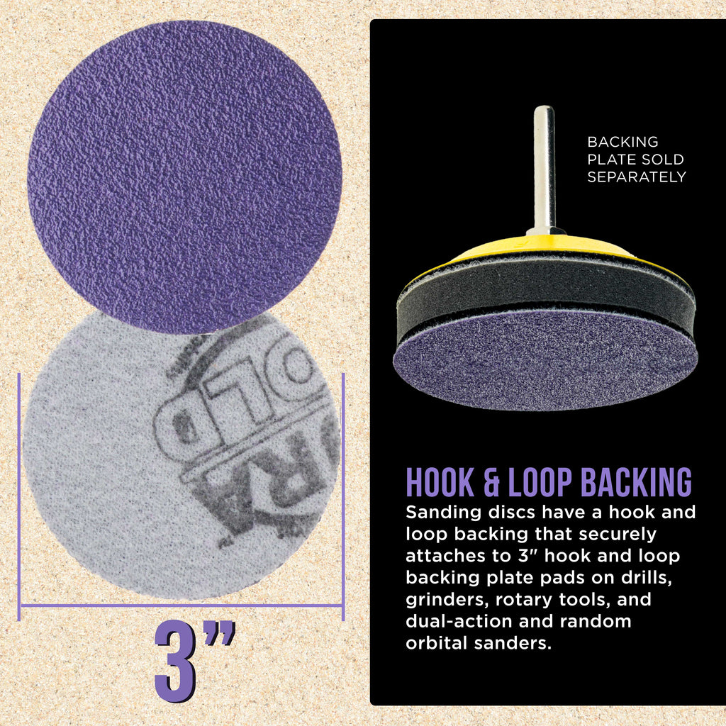 Premium 60 Grit 3" Purple Film Ceramic Sanding Discs, Box of 20 - Hook & Loop Backing Sandpaper for DA Sander, Drill, Grinder, Rotary Tool