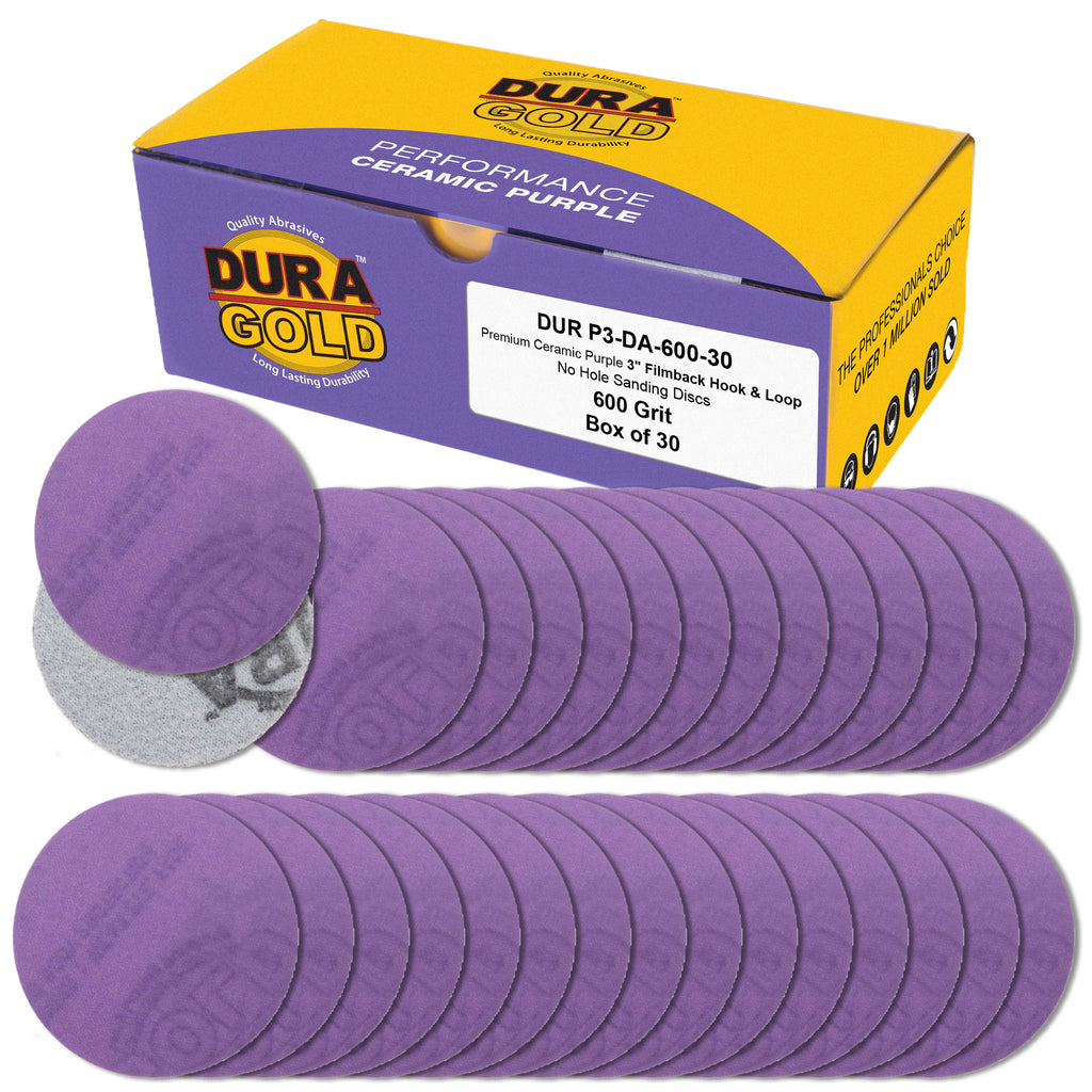 Premium 600 Grit 3" Purple Film Ceramic Sanding Discs, Box of 30 - Hook & Loop Backing Sandpaper for DA Sander, Drill, Grinder, Rotary Tool