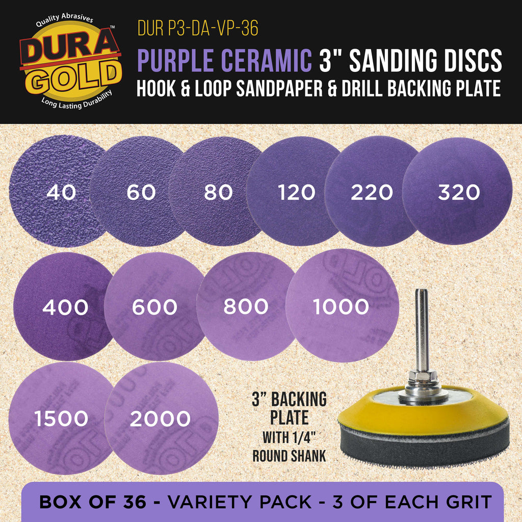 Premium 3" Purple Film Ceramic Sanding Discs, 36 Disc Variety Pack, Grits 40, 60, 80, 120, 220, 320, 400, 600, 800, 1000, 1500, 2000 - Hook & Loop Sandpaper & Drill Backing Plate