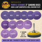 Premium 3" Purple Film Ceramic Sanding Discs, 36 Disc Variety Pack, Grits 40, 60, 80, 120, 220, 320, 400, 600, 800, 1000, 1500, 2000 - Hook & Loop Sandpaper & Drill Backing Plate
