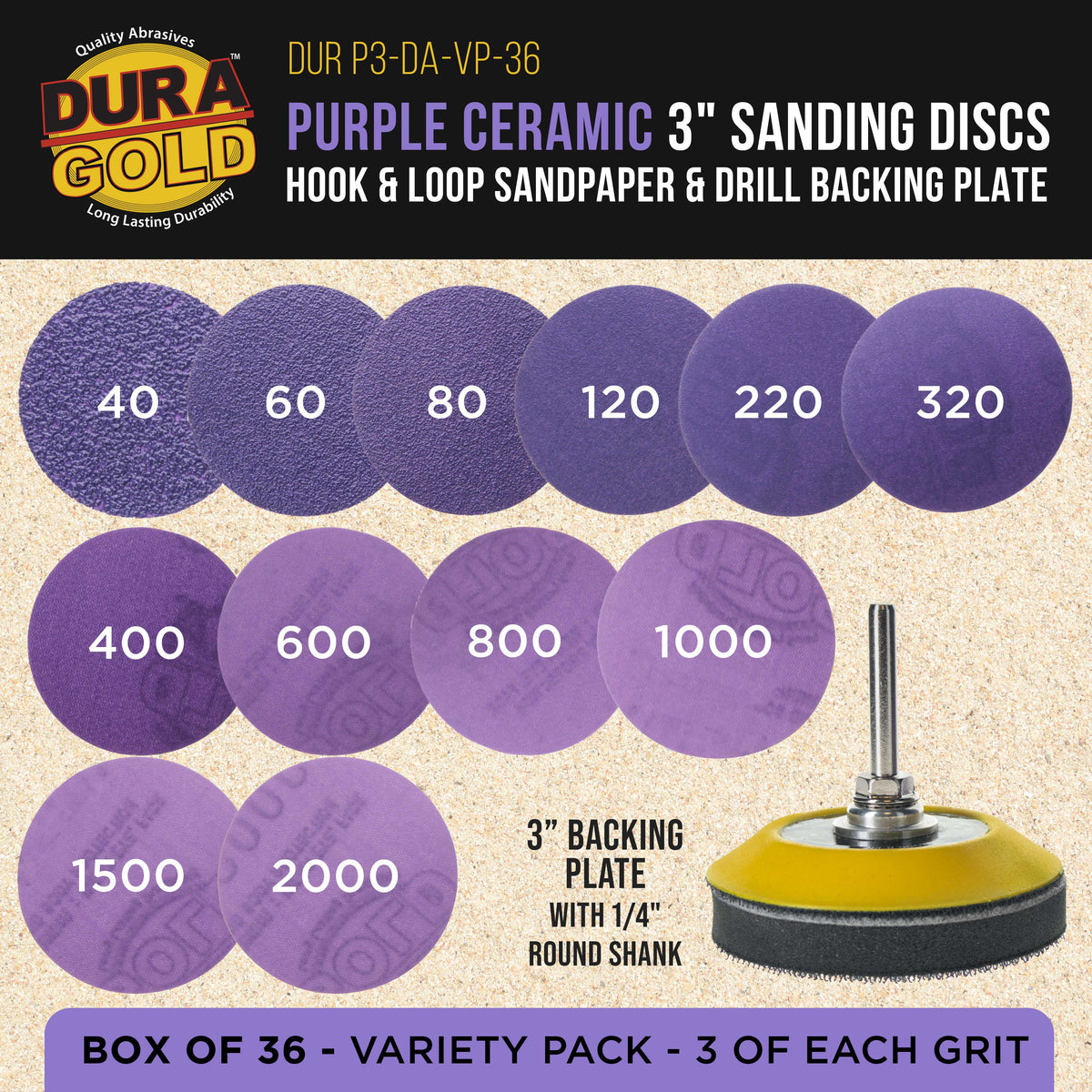 Premium 3" Purple Film Ceramic Sanding Discs, 36 Disc Variety Pack, Grits 40, 60, 80, 120, 220, 320, 400, 600, 800, 1000, 1500, 2000 - Hook & Loop Sandpaper & Drill Backing Plate
