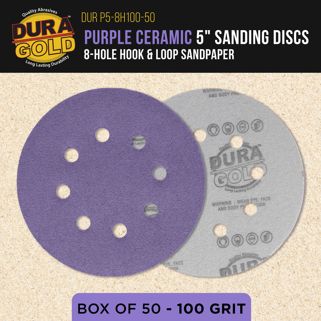 Premium 100 Grit 5" Purple Film Ceramic Sanding Discs, 8-Hole Pattern, Box of 50 - Dustless Hook & Loop Backing Sandpaper for DA & Random Orbital Sanders