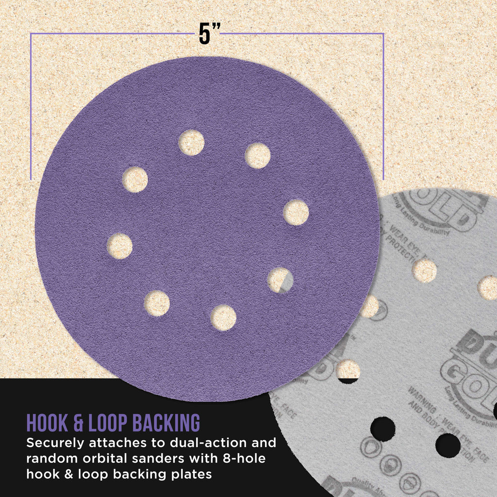 Premium 100 Grit 5" Purple Film Ceramic Sanding Discs, 8-Hole Pattern, Box of 50 - Dustless Hook & Loop Backing Sandpaper for DA & Random Orbital Sanders