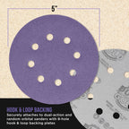 Premium 100 Grit 5" Purple Film Ceramic Sanding Discs, 8-Hole Pattern, Box of 50 - Dustless Hook & Loop Backing Sandpaper for DA & Random Orbital Sanders