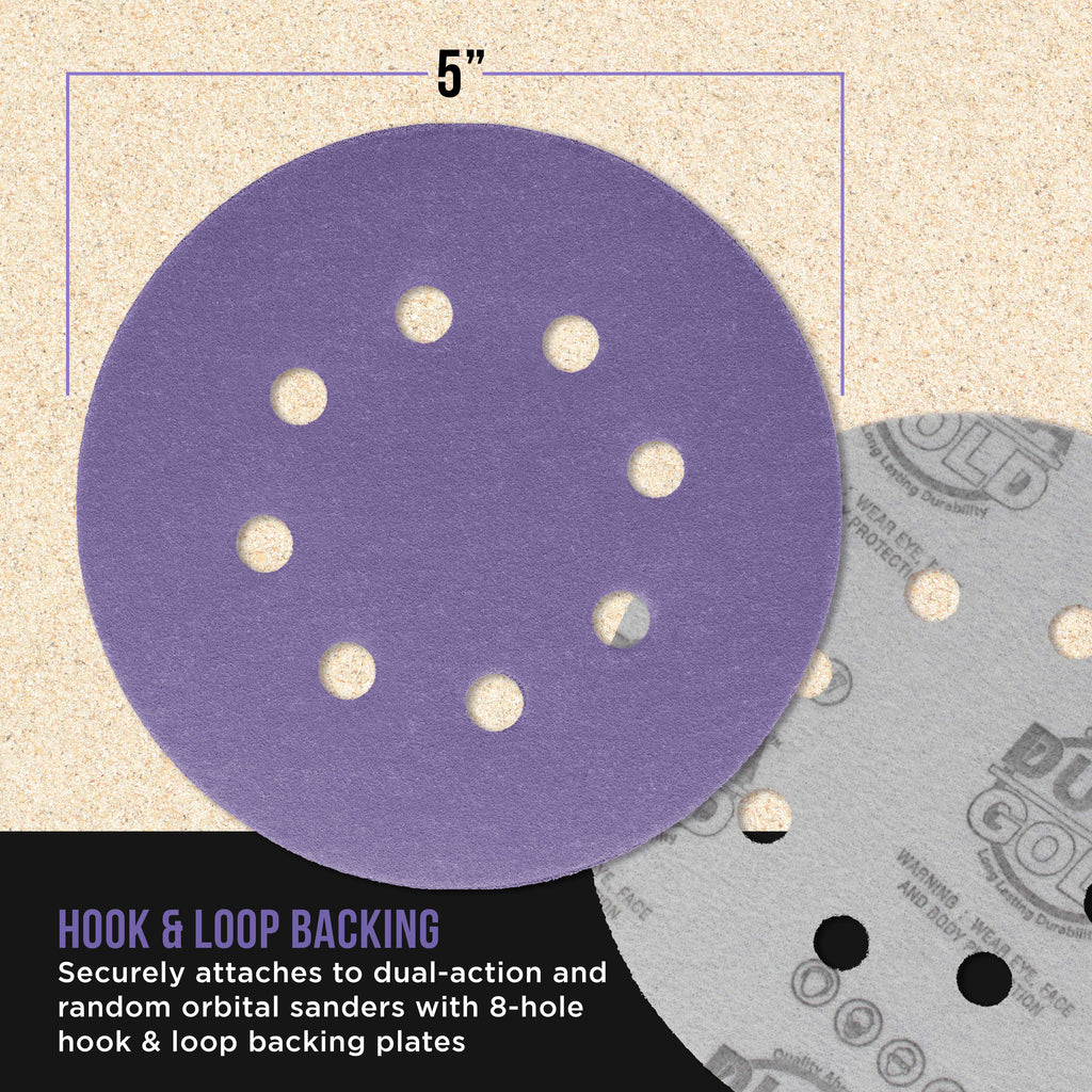 Premium 120 Grit 5" Purple Film Ceramic Sanding Discs, 8-Hole Pattern, Box of 50 - Dustless Hook & Loop Backing Sandpaper for DA & Random Orbital Sanders