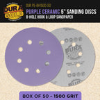 Premium 1500 Grit 5" Purple Film Ceramic Sanding Discs, 8-Hole Pattern, Box of 50 - Dustless Hook & Loop Backing Sandpaper for DA & Random Orbital Sanders