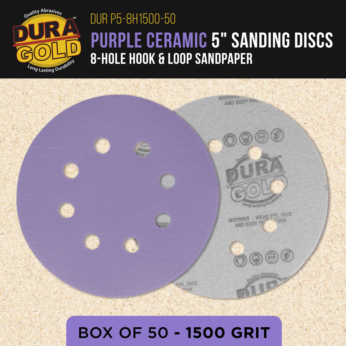 Premium 1500 Grit 5" Purple Film Ceramic Sanding Discs, 8-Hole Pattern, Box of 50 - Dustless Hook & Loop Backing Sandpaper for DA & Random Orbital Sanders