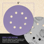 Premium 1500 Grit 5" Purple Film Ceramic Sanding Discs, 8-Hole Pattern, Box of 50 - Dustless Hook & Loop Backing Sandpaper for DA & Random Orbital Sanders