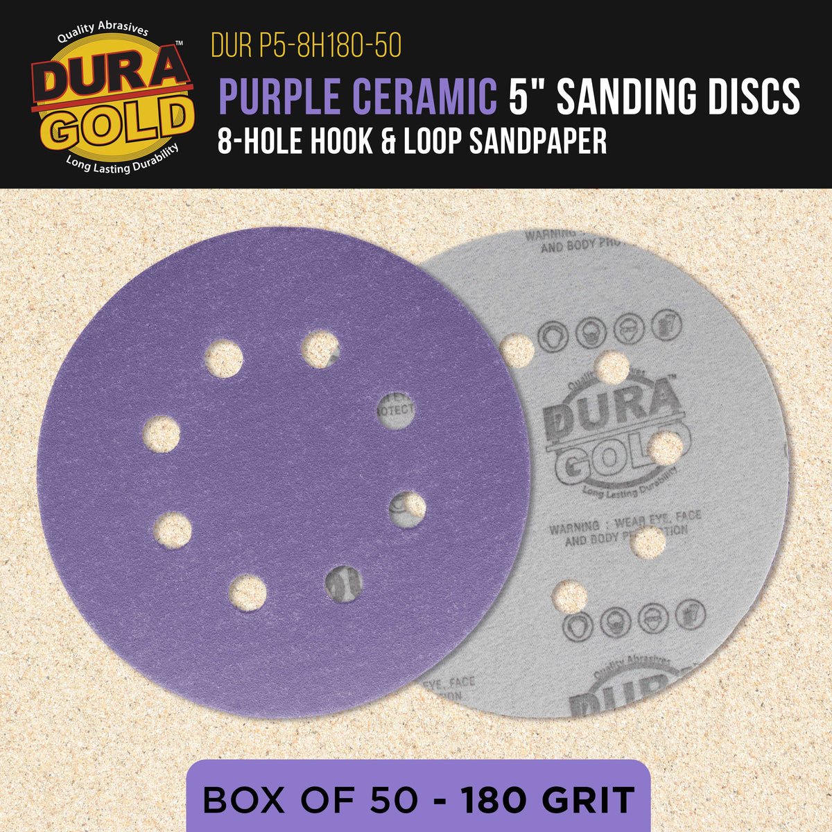 Premium 180 Grit 5" Purple Film Ceramic Sanding Discs, 8-Hole Pattern, Box of 50 - Dustless Hook & Loop Backing Sandpaper for DA & Random Orbital Sanders